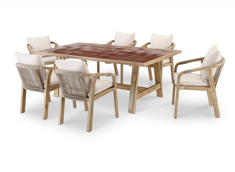 Set aus Holz- und Terrakotta-Keramiktisch und 6 Stühlen Riviera – Java Light