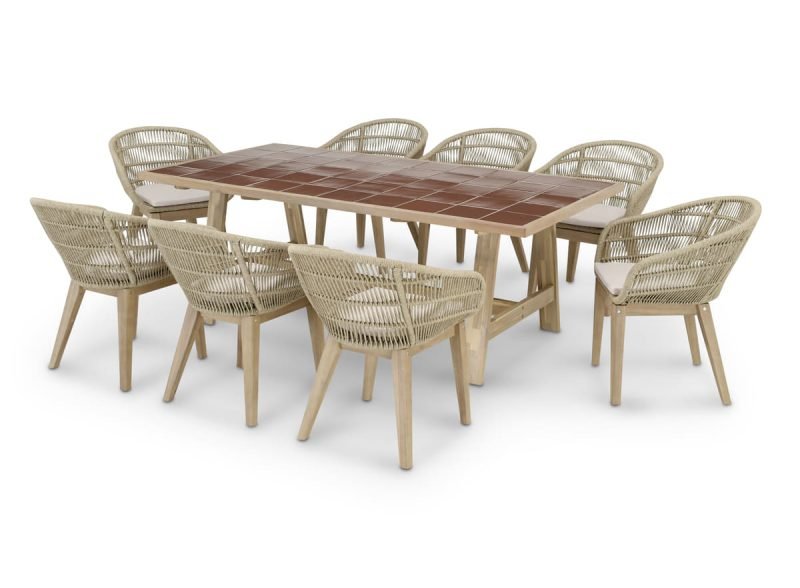 Set de mesa de madera y cerámica terracota y 8 sillas Sicilia – Java Light