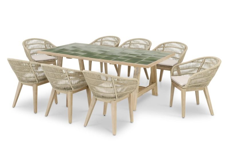 Set di tavolo in legno e ceramica verde e 8 sedie Sicilia – Java Light