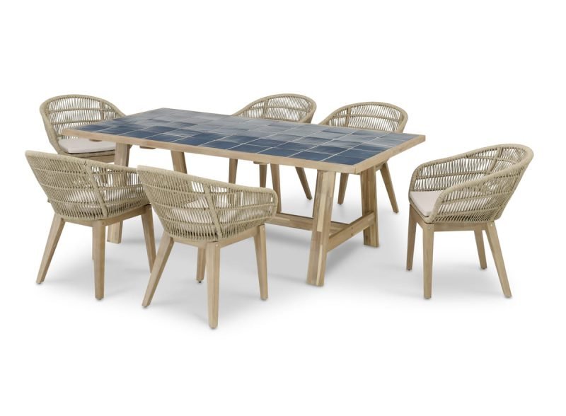 Set de mesa de madera y cerámica azul y 6 sillas Sicilia – Java Light