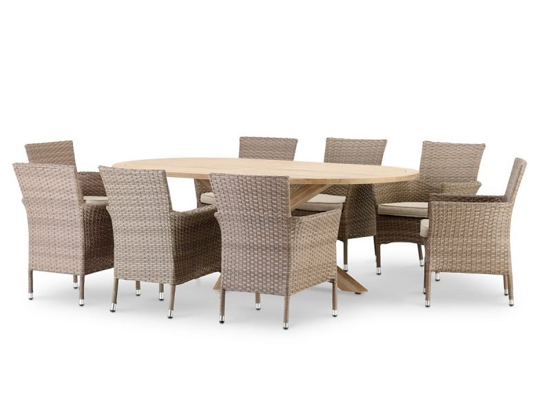 Table ovale 220×115 et 8 chaises en rotin synthétique – Riviera & Bologne