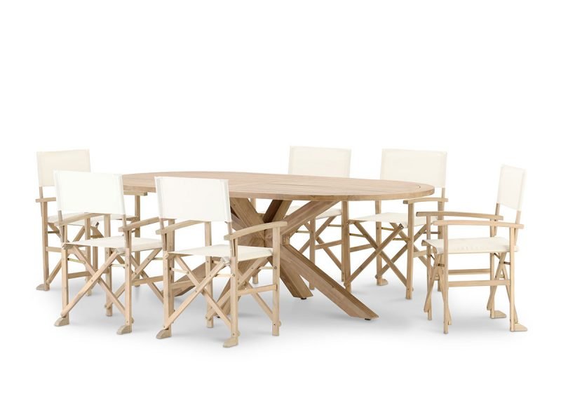 Jardim conjunto mesa oval 220×115 e 6 cadeiras diretor – Riviera & Java Light
