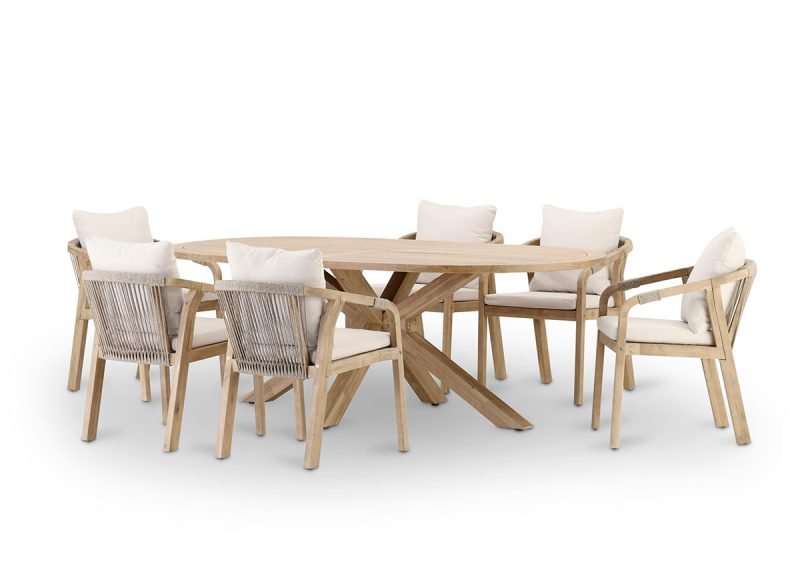 Conjunto de jardín mesa oval 220×115 y 6 sillas cuerda beige – Riviera