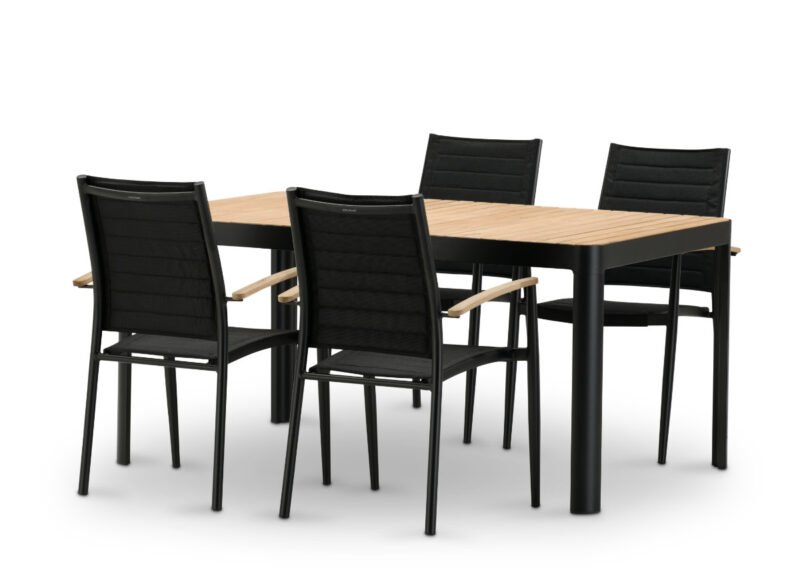 Conjunto mesa jardín 161×95 cm y 4 sillas aluminio y textileno negro – Portals