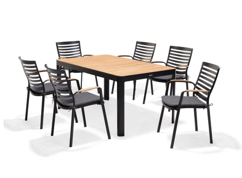 Conjunto mesa jardín 161×95 cm y 6 sillas aluminio negro cojín gris – Portals