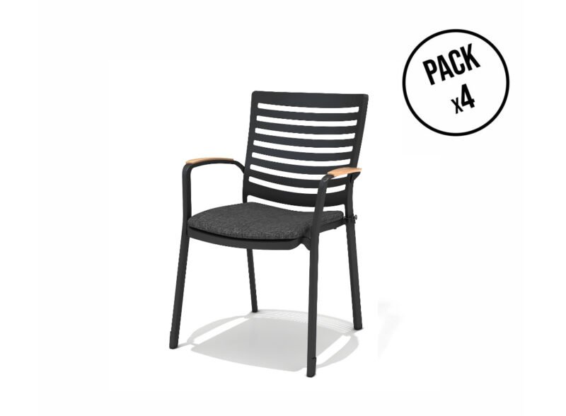 Pack de 4 sillas apilables aluminio negro cojín gris brazos teca – Portals