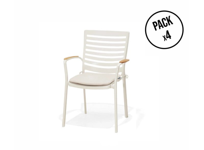 Packung mit 4 stapelbaren Stühlen, Aluminium, weißes Kissen, graues Teakholz, Armlehnen – Portals