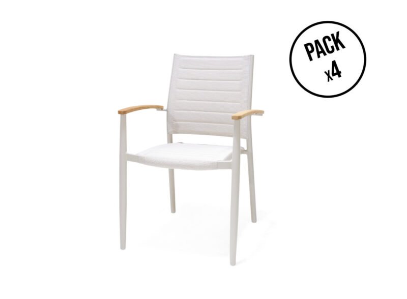 Pack de 4 sillas apilables aluminio textileno blanco brazos teca – Portals