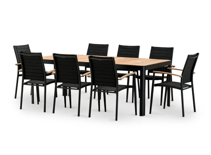 Set tavolo da giardino 209×95 cm e 8 sedie alluminio e textilene nero – Portali