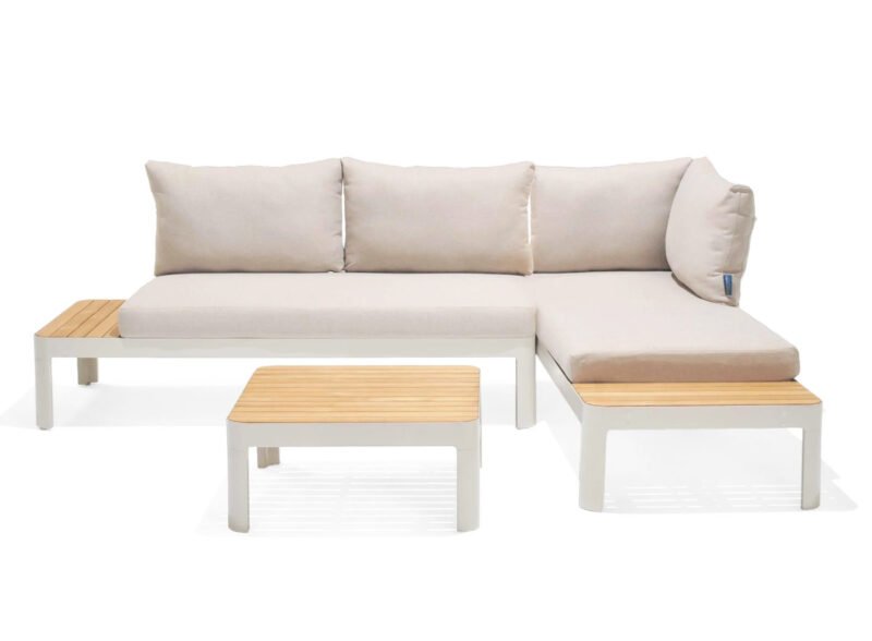 Outdoor set of 4 seats in white aluminium and teak coffee table – Portals