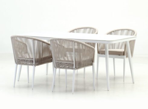 Set tavolo da giardino e 4 sedie in alluminio bianco e corda – Salerno