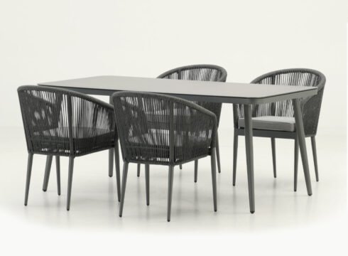 Set tavolo da giardino e 4 sedie in alluminio grigio e corda – Salerno