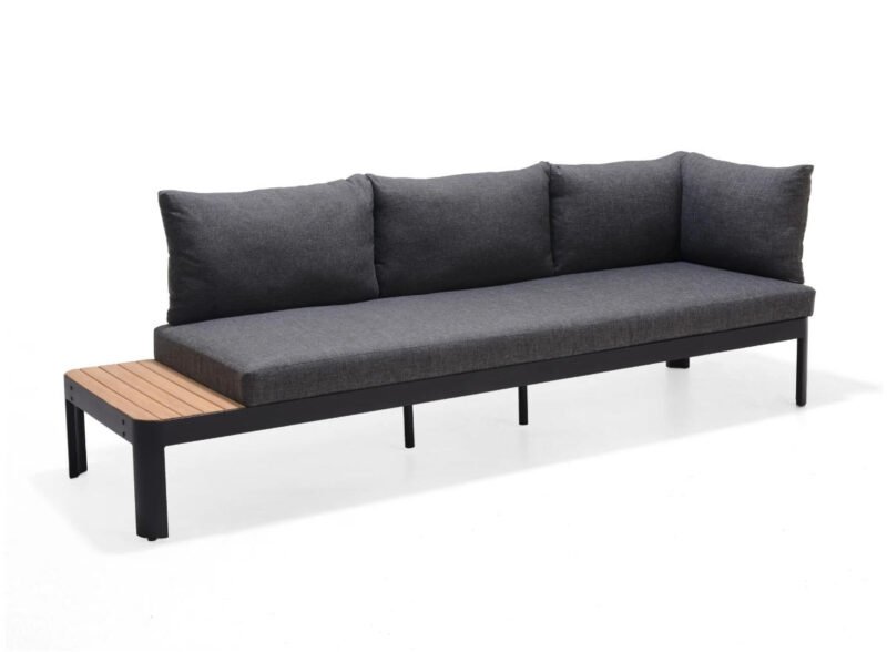 3-Sitzer-Outdoor-Sofa aus schwarzem Aluminium mit integriertem Couchtisch aus Teakholz – Portals