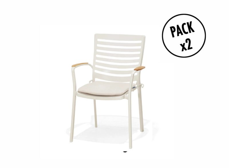 Pack de 2 sillas apilables aluminio blanco cojín gris brazos teca – Portals