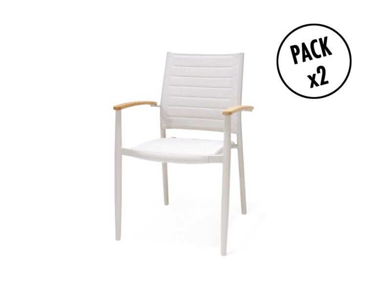 Pack de 2 sillas apilables aluminio textileno blanco brazos teca – Portals