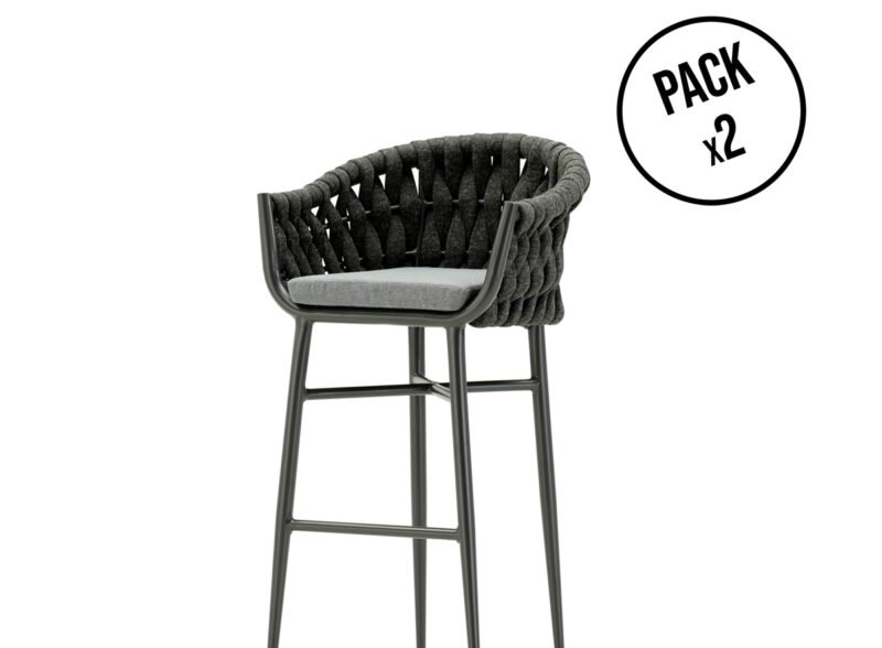 Pack of 2 outdoor high chairs in anthracite aluminium and rope – Vieste
