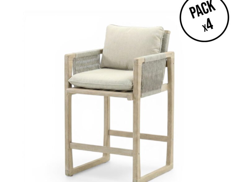 Confezione da 4 seggioloni da esterno in acacia leggera e corda grigia – Baracoa