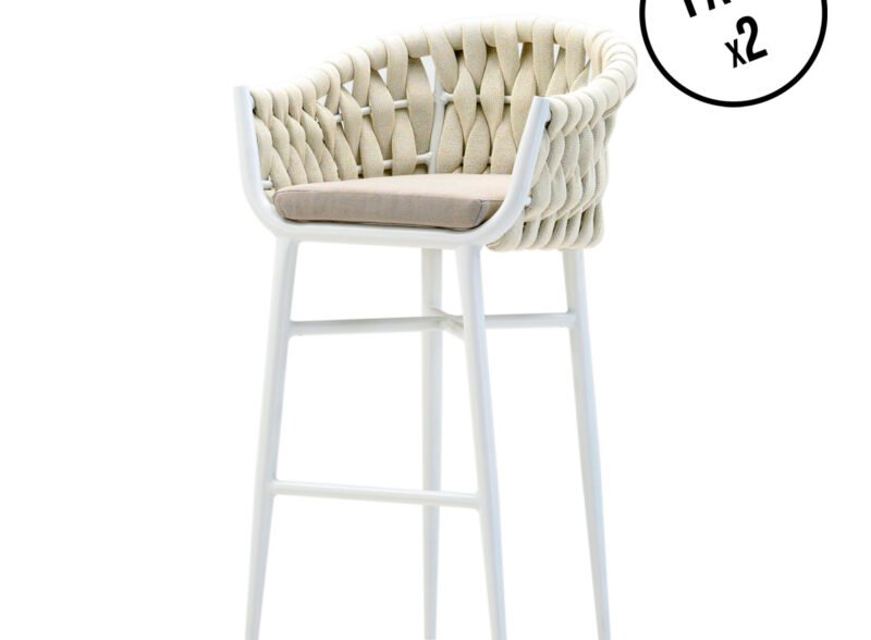 Lot de 2 chaises hautes d’extérieur en aluminium blanc avec corde – Vieste