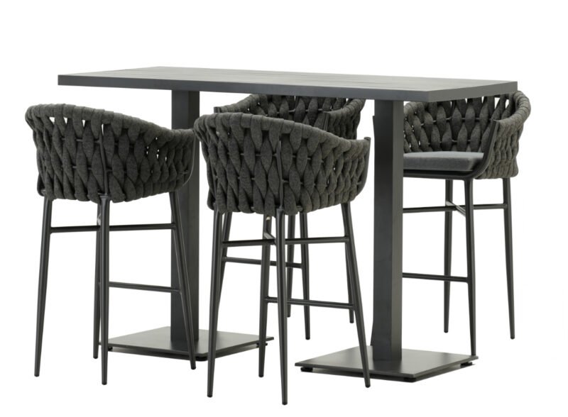Ensemble de table de jardin et 4 chaises hautes, aluminium noir et corde – Vieste