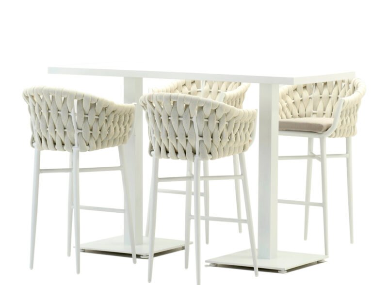 Conjunto de mesa de jardim e 4 cadeiras altas alumínio branco e corda – Vieste