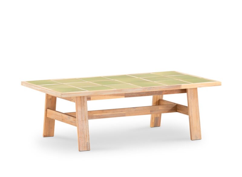125×65 garden coffee table in wood and light green ceramic – Ceramik