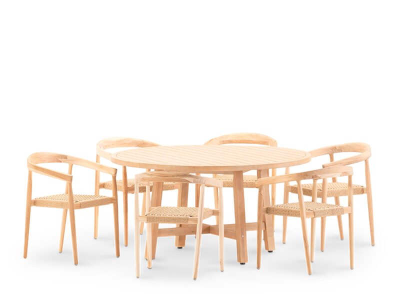 Set de salle à manger de jardin 6 places table ronde d150 avec fauteuil empilable – Riviera & Modena