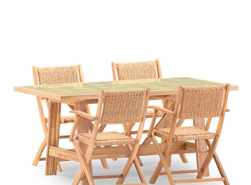 Conjunto de jantar de jardim de 4 lugares com mesa de cerâmica verde clara 168×87 – Ceramik & Serena