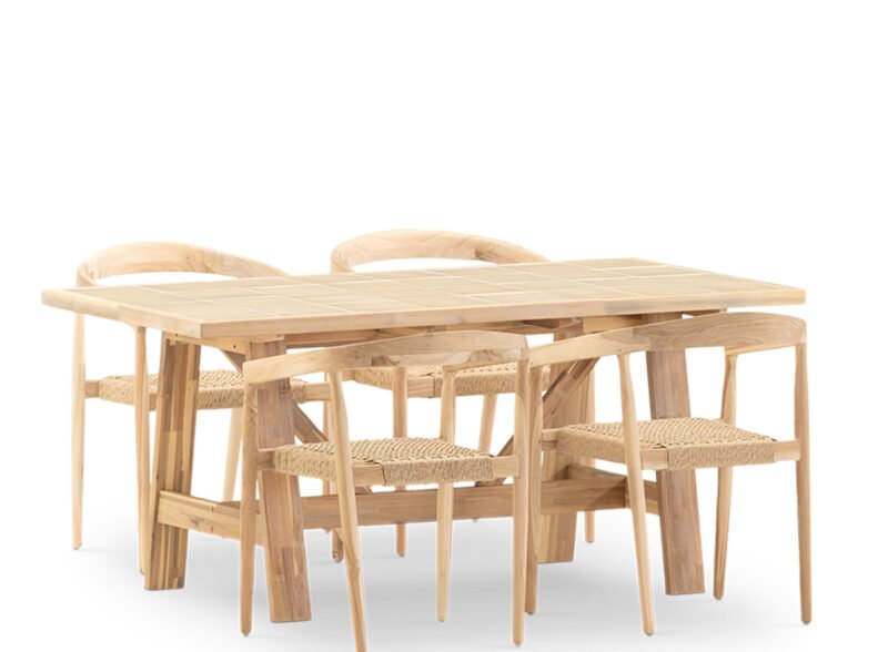 Set da pranzo da giardino 4 posti tavolo in ceramica beige 168×87 e poltroncina impilabile – Ceramik & Modena