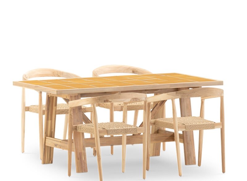 Set da pranzo da giardino 4 posti con tavolo in ceramica senape 168×87 e poltroncina impilabile – Ceramik & Modena