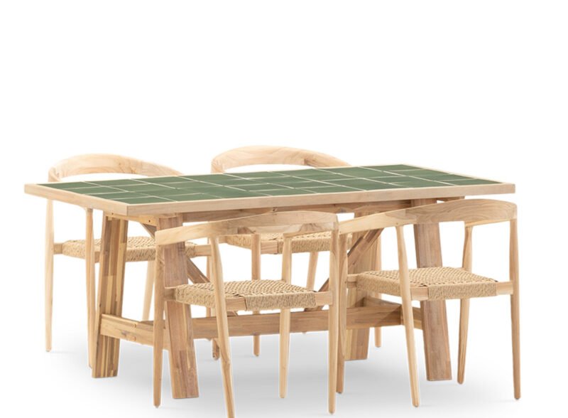 Set comedor jardín 4 plazas mesa cerámica verde 168×87 y butaca apilable – Ceramik & Modena