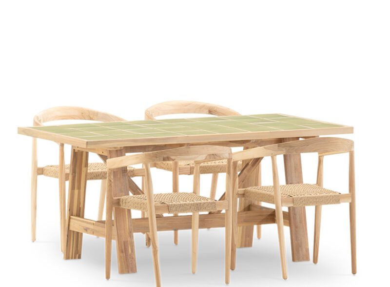 Set da pranzo da giardino 4 posti con tavolo in ceramica verde chiaro 168×87 e poltroncina impilabile – Ceramik & Modena