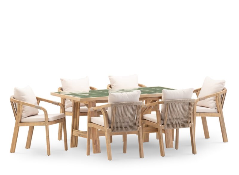 Set comedor jardín 6 plazas mesa cerámica verde 168×87 – Ceramik & Riviera