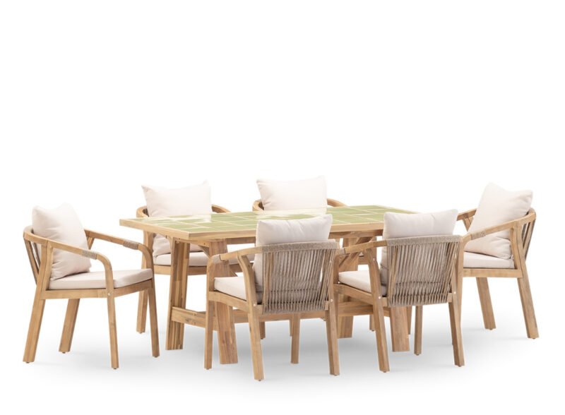 Set comedor jardín 6 plazas mesa cerámica verde claro 168×87 – Ceramik & Riviera