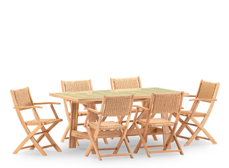 6-seater garden dining set with light green ceramic table 168×87 – Ceramik & Serena