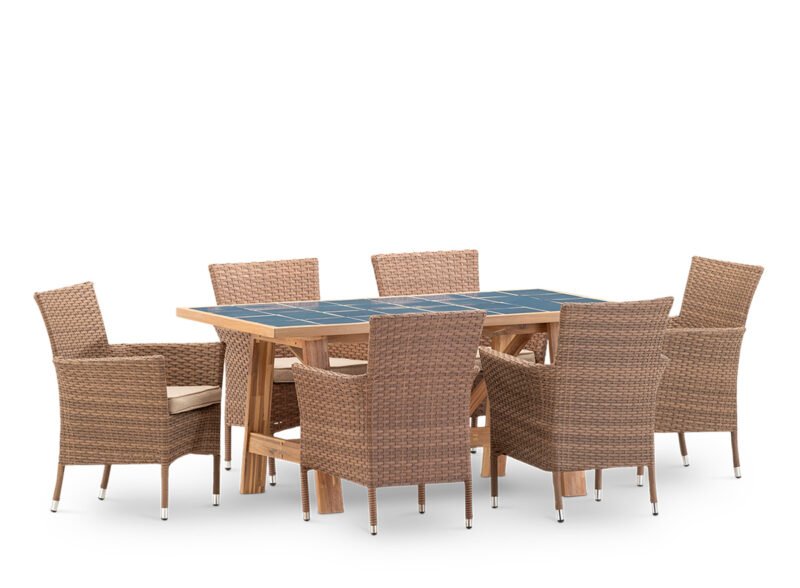 Set de salle à manger de jardin 6 places table en céramique bleu 168×87 – Ceramik & Bologna