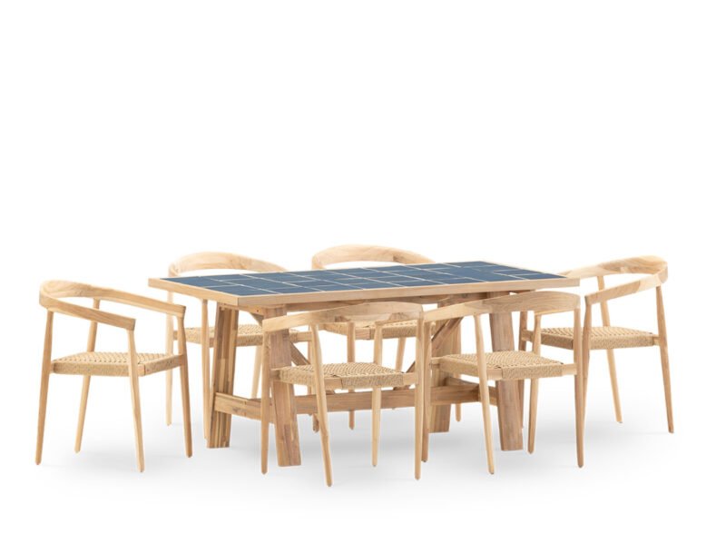 Set da pranzo da giardino a 6 posti con tavolo in ceramica blu 168×87 e poltroncina impilabile – Ceramik & Modena