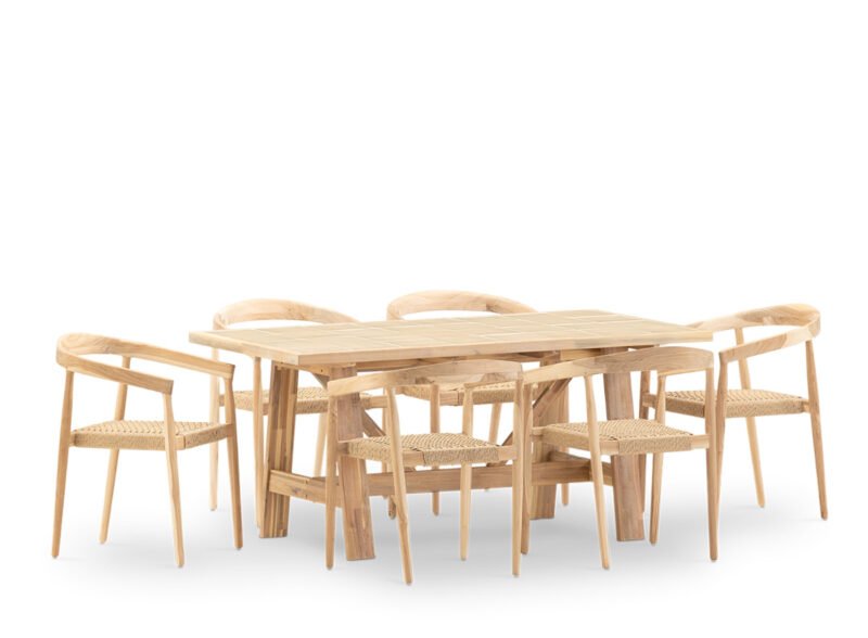 Set da pranzo da giardino 6 posti tavolo in ceramica beige 168×87 e poltroncina impilabile – Ceramik & Modena
