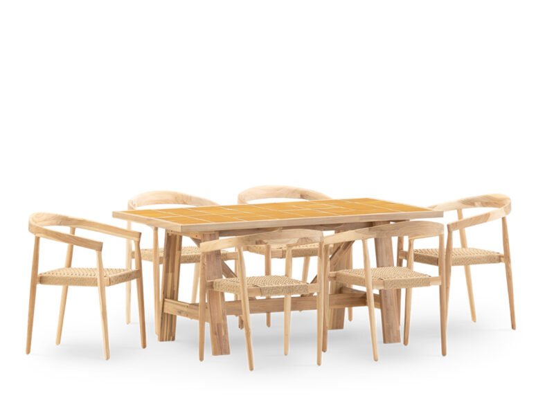 Set da pranzo da giardino 6 posti tavolo in ceramica senape 168×87 e poltroncina impilabile – Ceramik & Modena