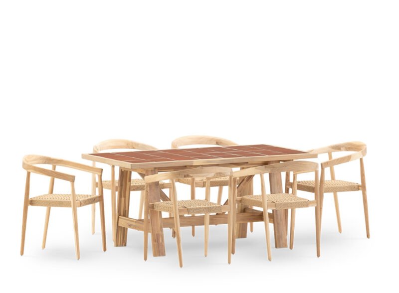 Set da pranzo da giardino 6 posti con tavolo in ceramica terracotta 168×87 e poltroncina impilabile – Ceramik & Modena