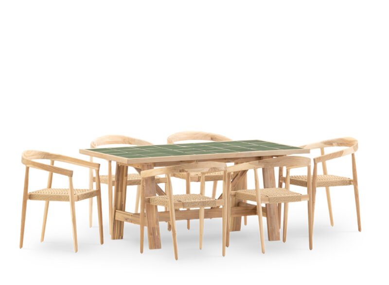 Set comedor jardín 6 plazas mesa cerámica verde 168×87 y butaca apilable – Ceramik & Modena