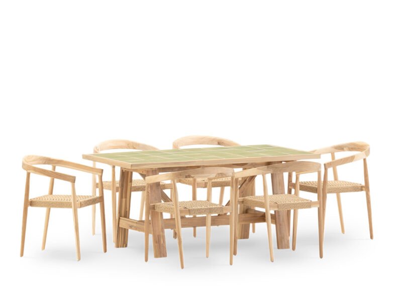 Garden dining set of 6 armchairs and light green ceramic table 168×87 – Ceramik & Modena