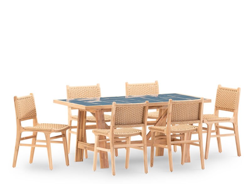 Set comedor jardín 6 plazas mesa cerámica azul 168×87 – Ceramik & Modena
