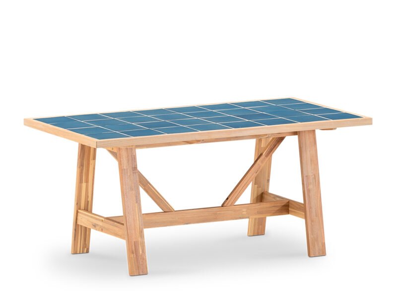 Garden dining table 168×87 in wood and blue ceramic – Ceramik