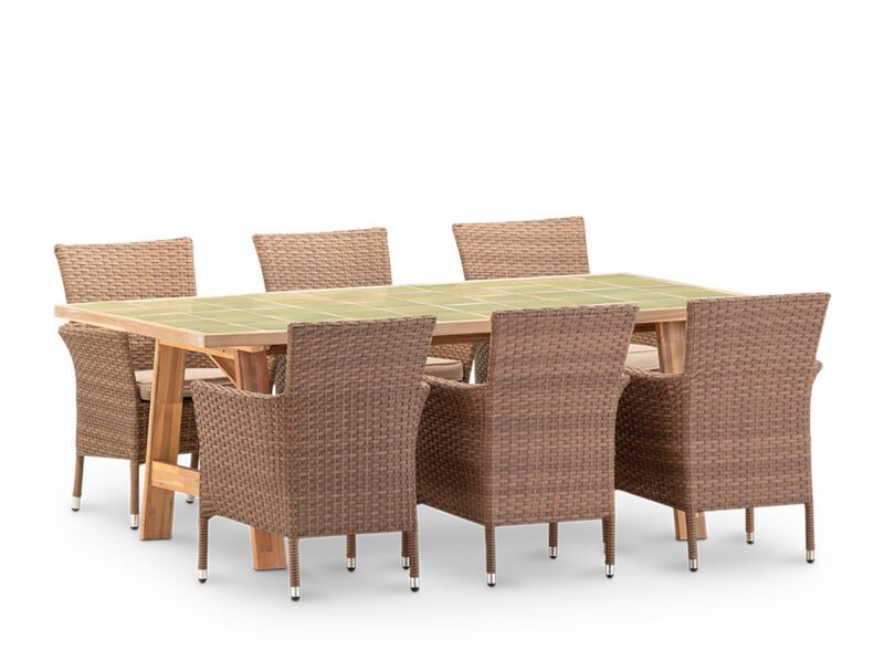 Conjunto de jantar com jardim de 6 lugares com mesa de cerâmica verde clara 200×100 – Ceramik & Bologna