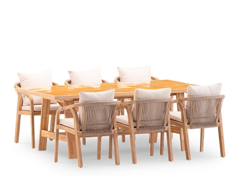 Conjunto de jantar com jardim de 6 lugares com mesa de mostarda cerâmica 200×100 – Ceramik & Riviera