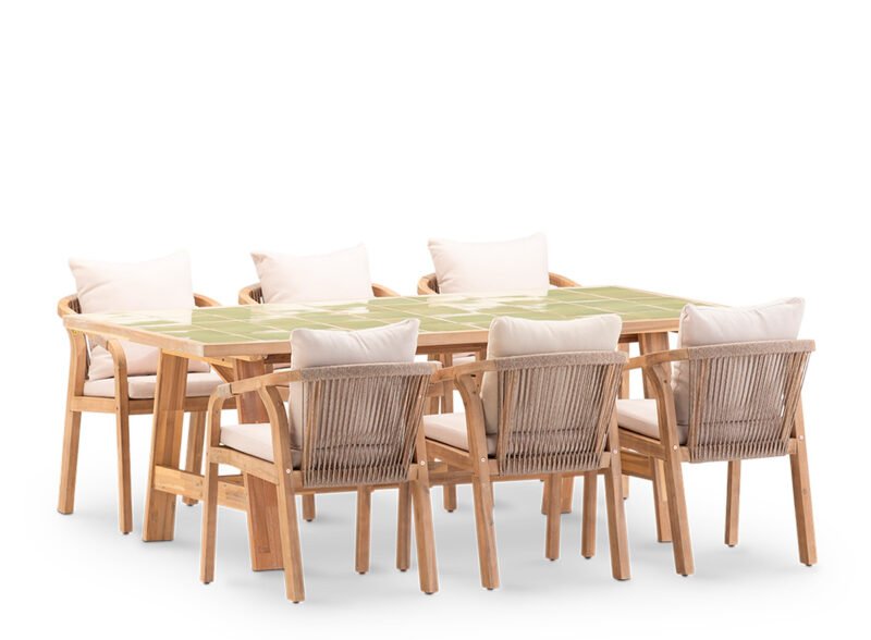 Set comedor jardín 6 plazas mesa cerámica verde claro 200×100 – Ceramik & Riviera