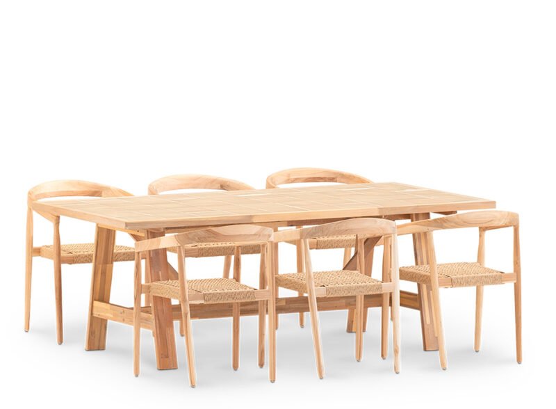 Ensemble de salle à manger de jardin 6 places, table en céramique beige 200×100 et fauteuil empilable – Ceramik & Modena