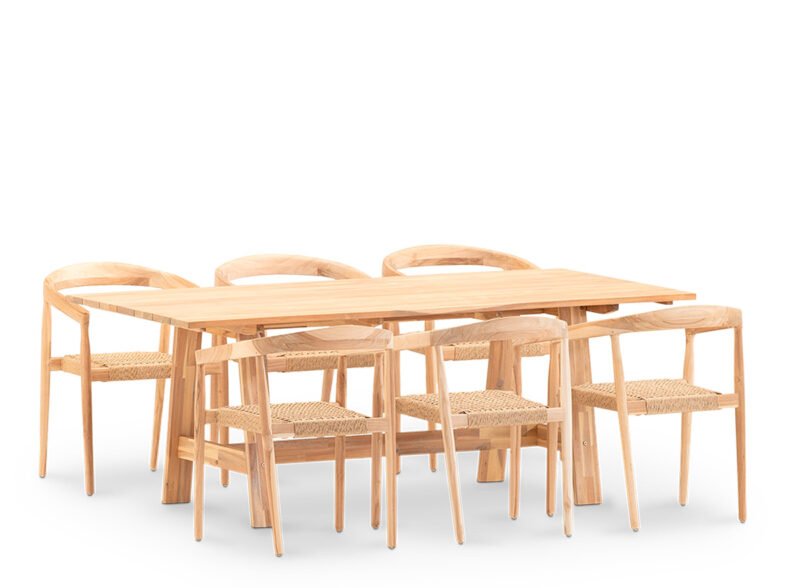 Set da pranzo da giardino 6 posti tavolo in legno 200×100 e poltroncina impilabile – Java & Modena