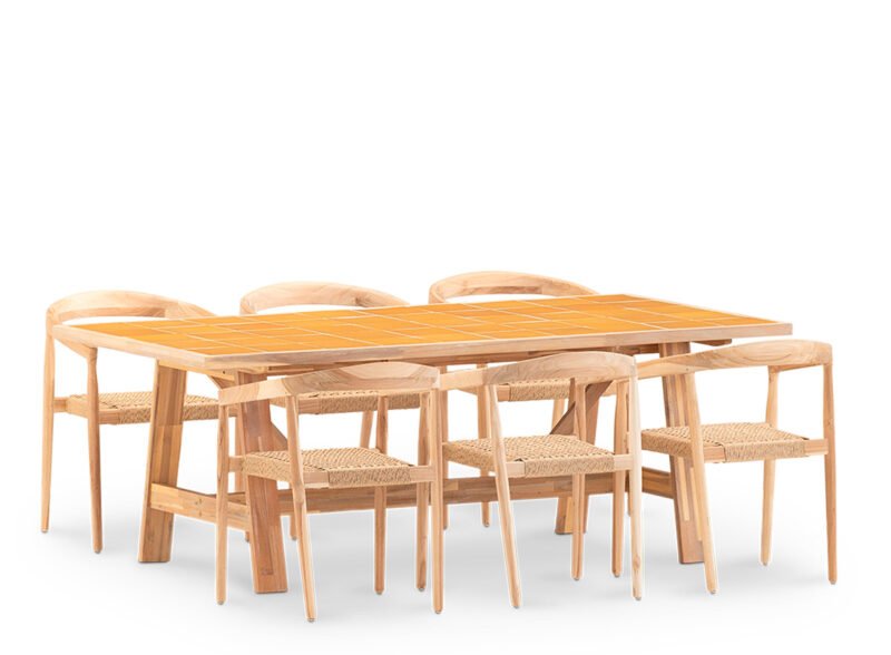 6-Sitzer-Garten-Essgarnitur mit senffarbenem Keramiktisch 200×100 und stapelbarem Sessel – Ceramik & Modena