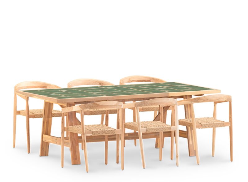 Set da pranzo da giardino 6 posti con tavolo in ceramica verde 200×100 e poltroncina impilabile – Ceramik & Modena
